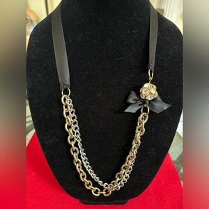 Chic Gold and Silver Tone Necklace with Black Ribbon Accent
